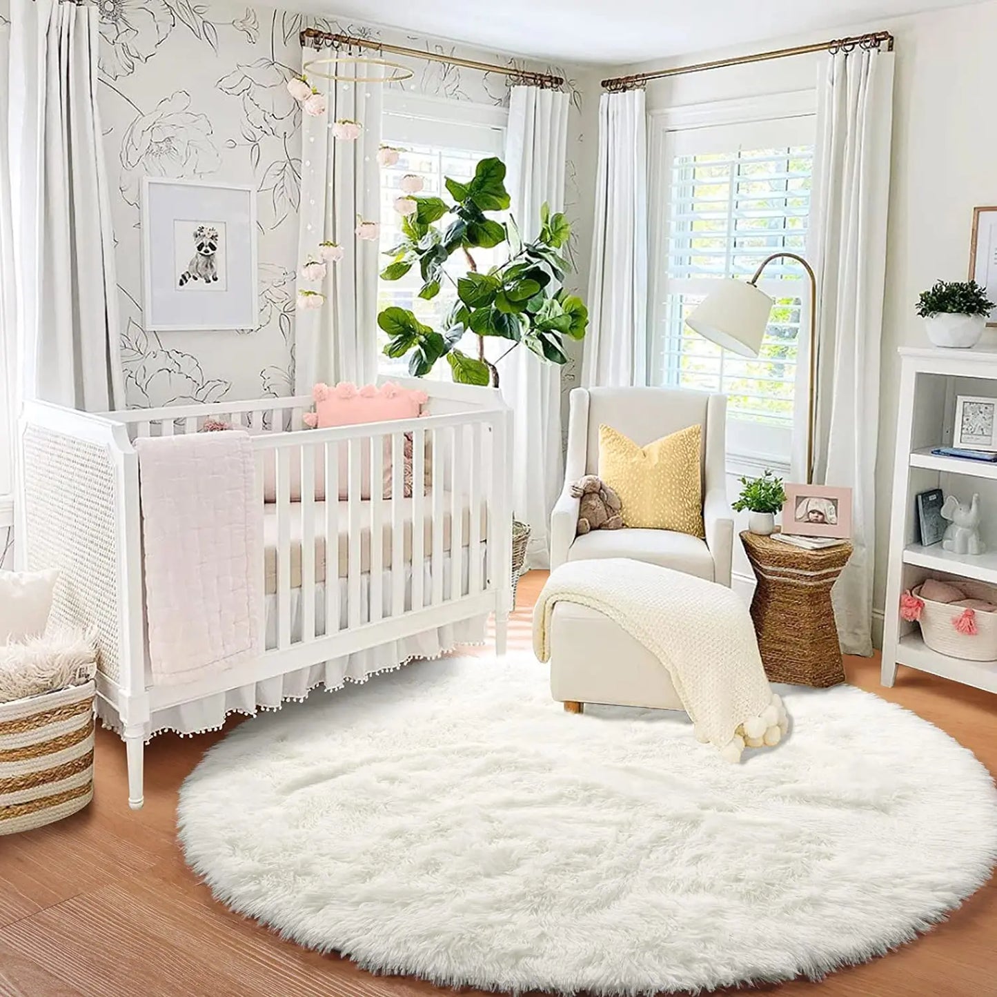 Pink Fluffy Round Girls Area Rug