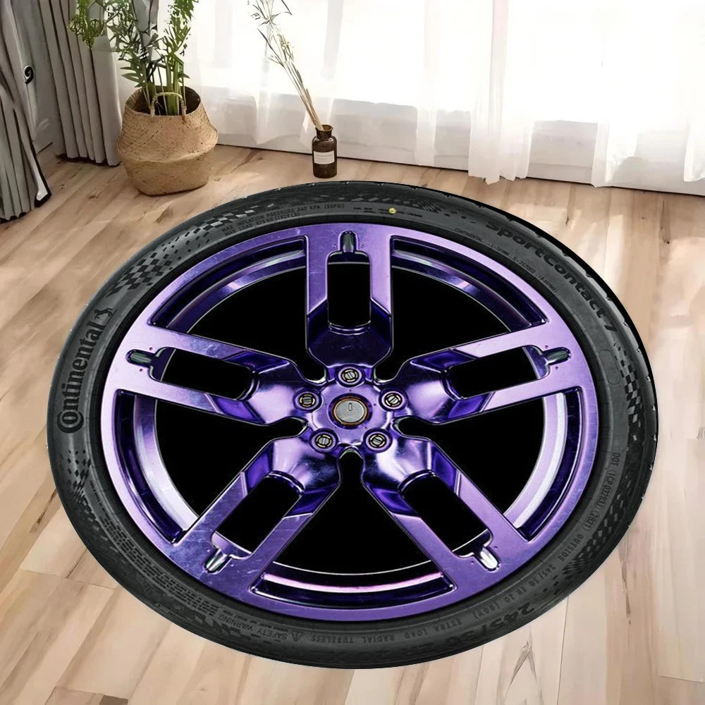 Sporty wheel rim design accent rug