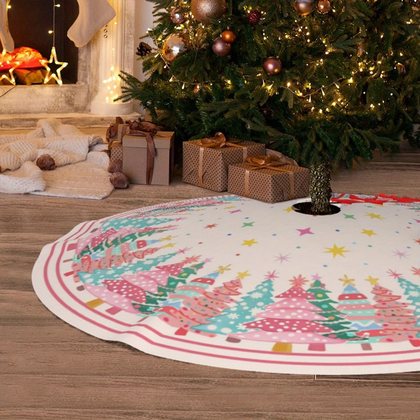 VIKAMA Pink Snowflake Christmas Tree Skirt Rug