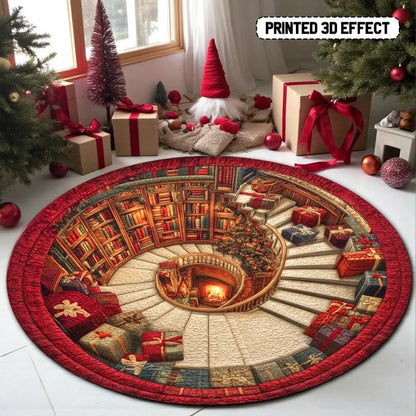3D book library Christmas round rug