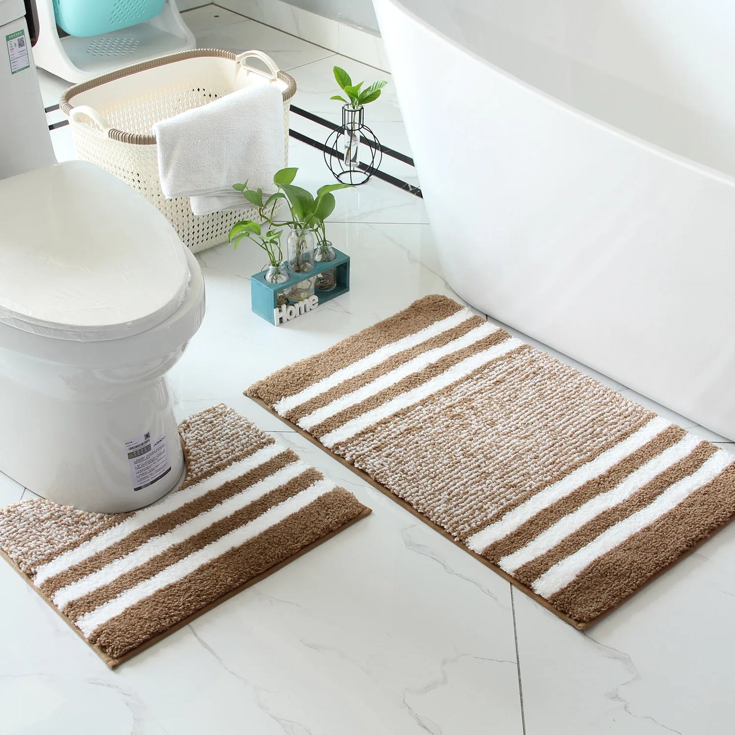 2-Piece Striped Microfiber Bathroom Mat Set Waterproof Non-Slip Quick-Dry TPR Backing Machine Washable Carpet