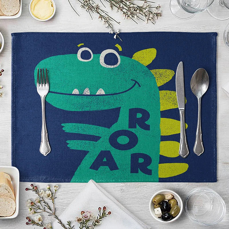 Cartoon Green Dinosaur Cotton Linen Kids Placemat Set