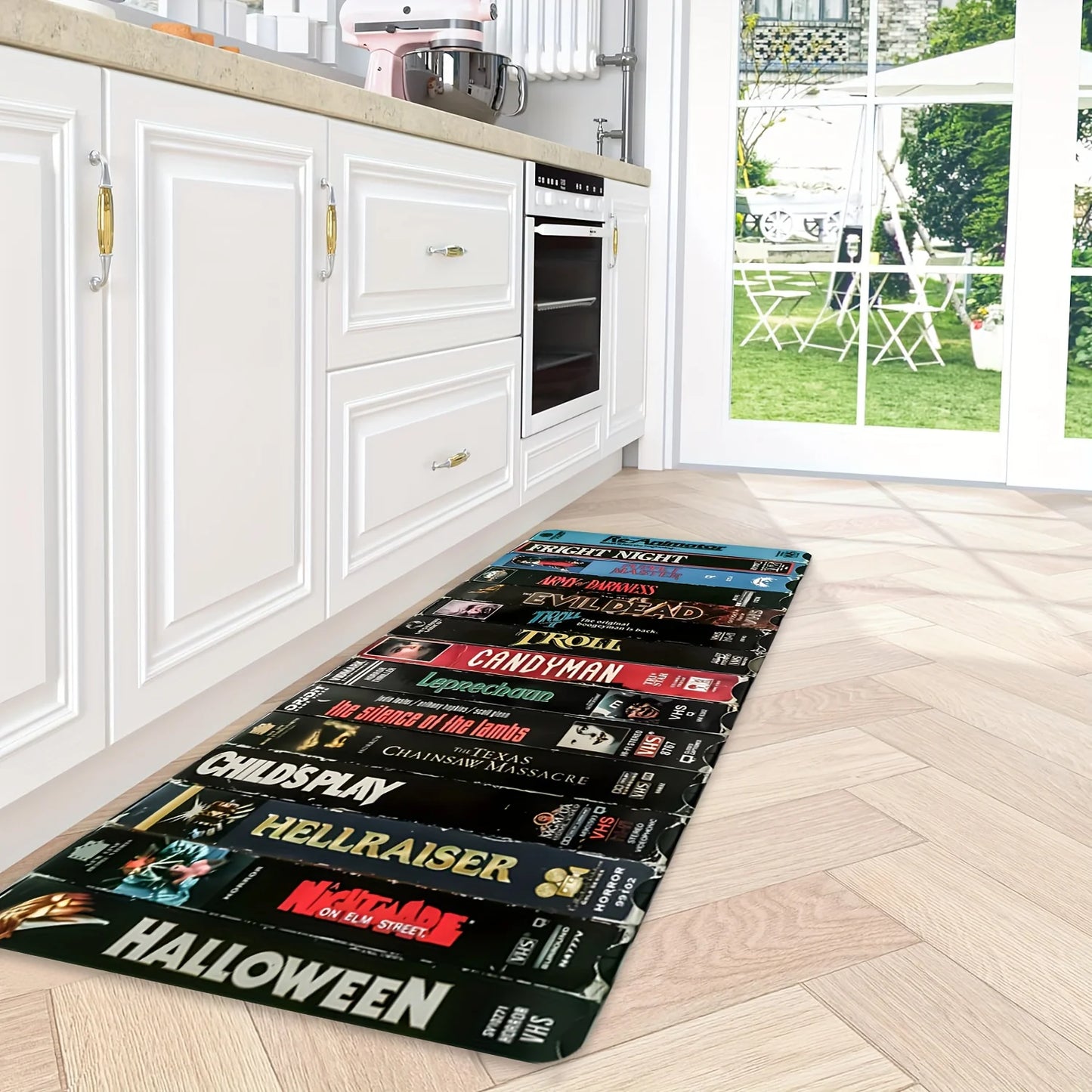 Horror movie themed machine washable home theater area rug / carpet