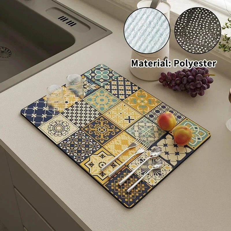 VIKAMA Black Marble Dish Drying Mat Super Absorbent Non-Slip Kitchen Counter Rug Bottle Kettle Dinnerware Bar Mat Home Decor