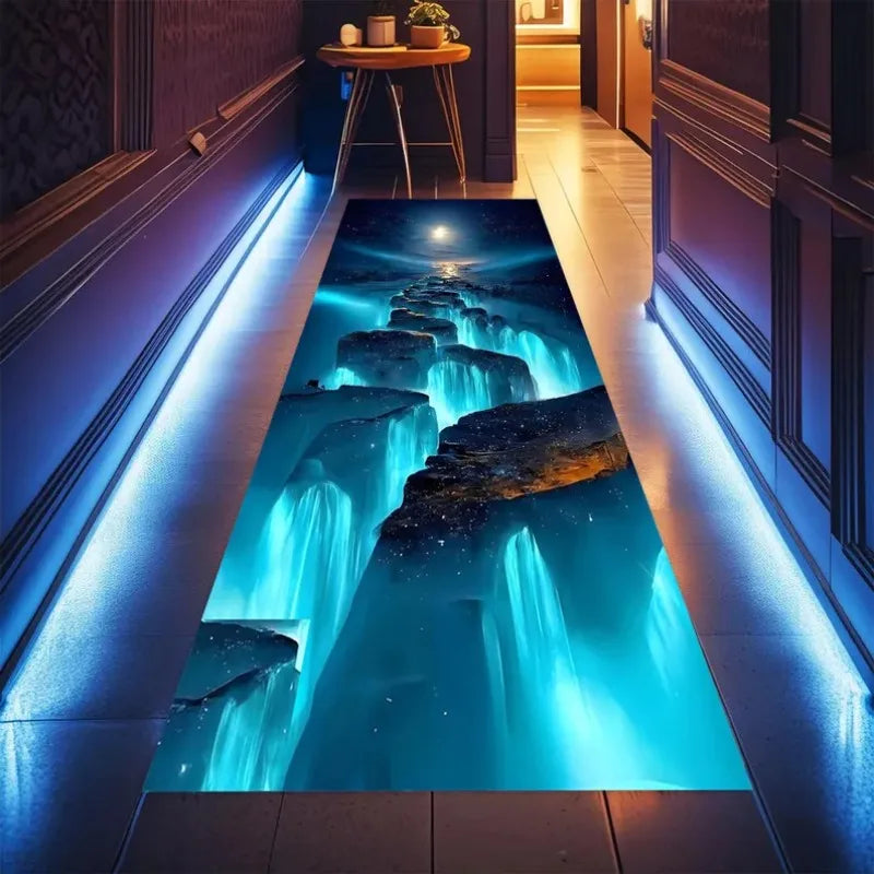 3D glowing waterfall cliff runner rug