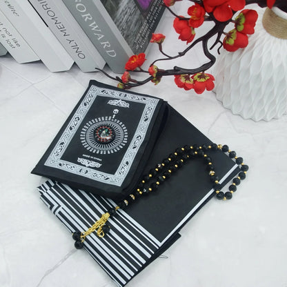 Portable foldable prayer rug with compass & beads