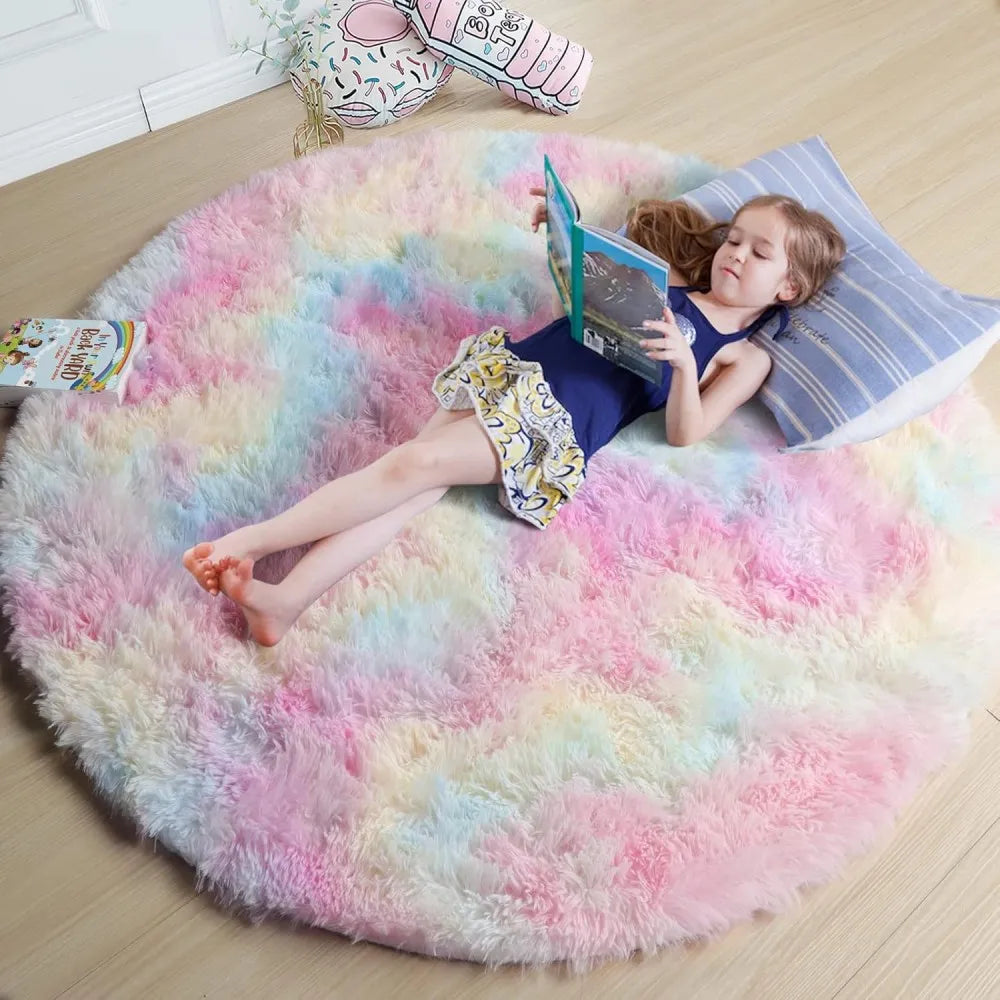 VIKAMA Pink Round Plush Rug Non-Slip Soft Bedroom Living Room Baby Crawling Mat Home Decor