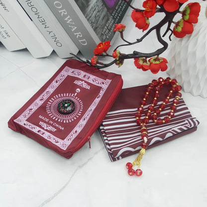 Portable foldable prayer rug with compass & beads