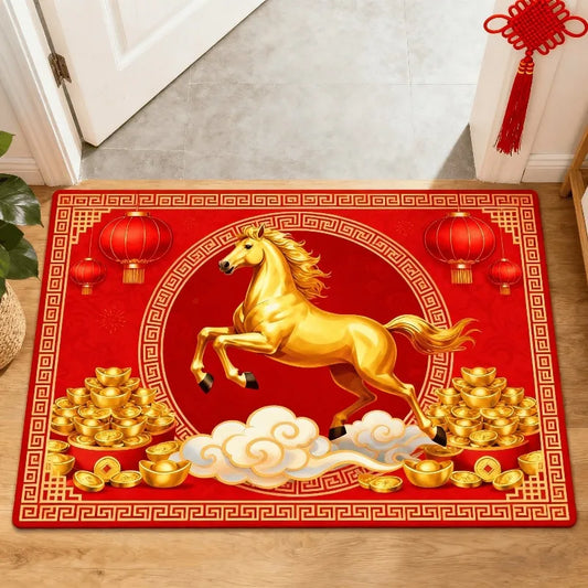 Chinese Style Red Horse Pattern Carpet Non-Slip Entrance Mat Living Room Home Decor Rug Chinese New Year Floor Mat