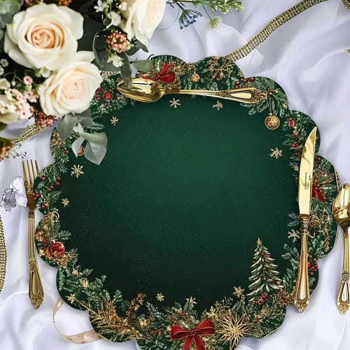 VIKAMA 4-Piece Set Round Christmas Placemats Table Mats Emerald Gold Pattern Festive Placemats Christmas Decor