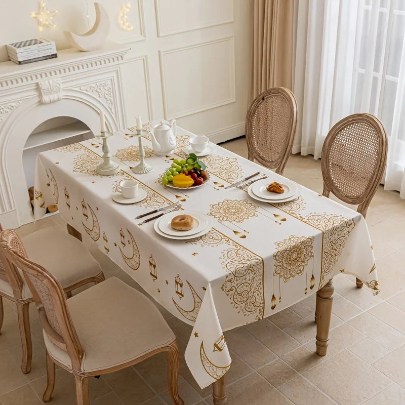 VIKAMA Bohemian Ramadan Tablecloth Gold Moon Stars Rectangular Washable Table Decor