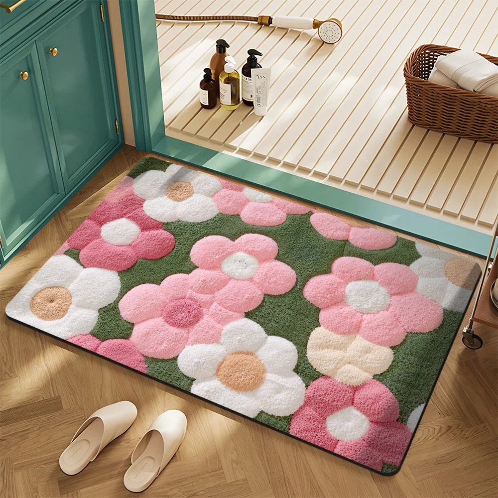 Floral Succulent 3D Embossed Non-Slip Absorbent Door Mat Bathroom Entryway Rug Home Decor