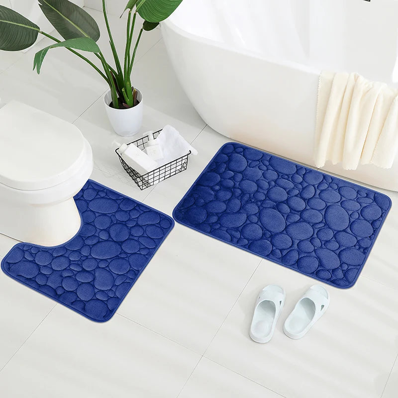 2-Piece Coral Velvet Bathroom Mat Set Pebble Embroidered U-Shaped Toilet Rug Absorbent Non-Slip Door Mat Home Decor