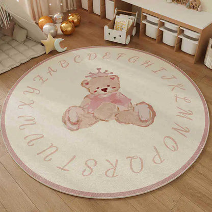Cute Cartoon Bear ABC Alphabet Round Rug Soft Non-Slip Nordic Style Carpet Kids Nursery Play Area Floor Mat Home Decor