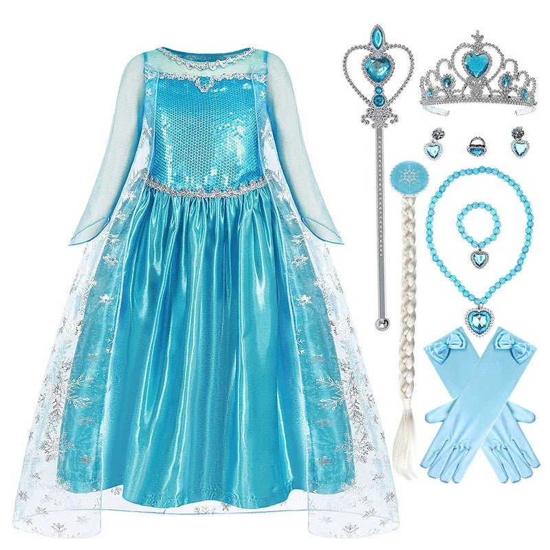 Disney Frozen Elsa Anna Mesh Ball Gown Costume Dress For Girls