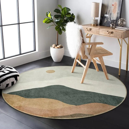 Large Round Geometric Landscape Rug Green Mountain Layers Modern Non-Slip Carpet Living Room Bedroom Home Decor