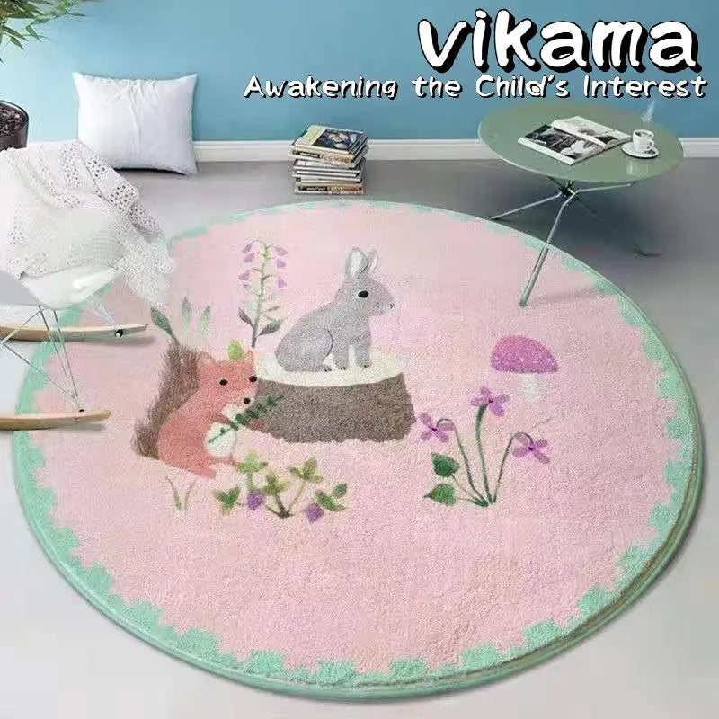 VIKAMA Cartoon Animal Round Cashmere Rug Non-Slip Washable Bedroom Living Room Sofa Mat