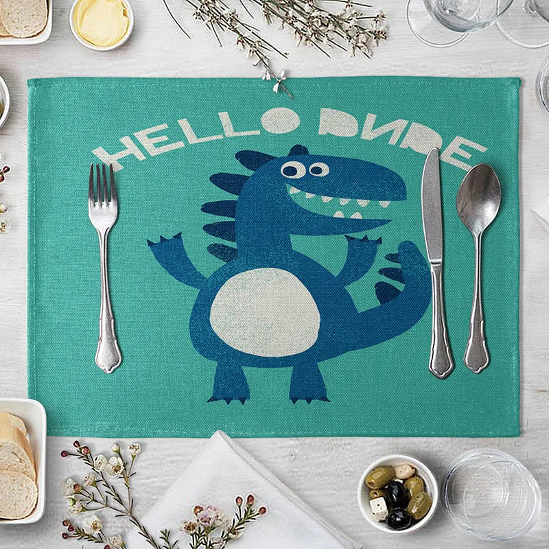 Cartoon Green Dinosaur Cotton Linen Kids Placemat Set