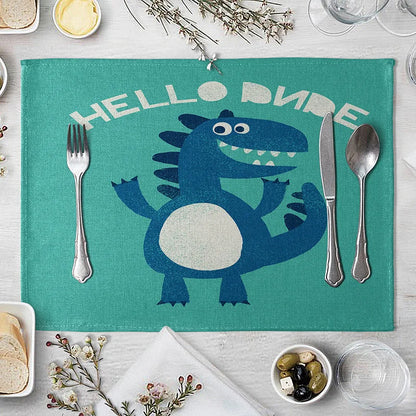 Cartoon Green Dinosaur Cotton Linen Kids Placemat Set