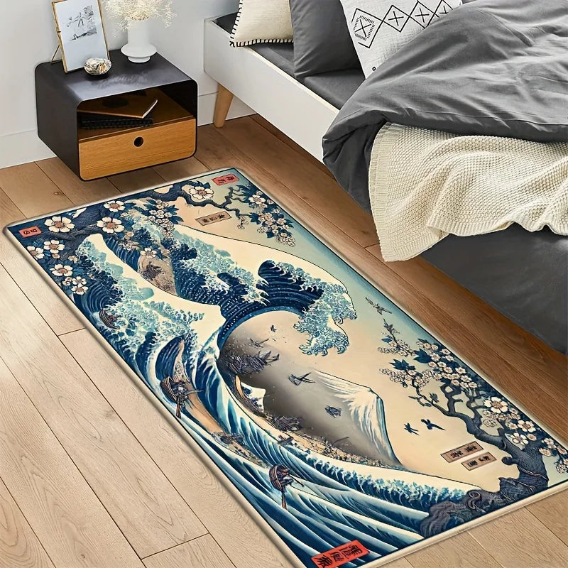 VIKAMA Retro Japanese Ukiyo-e Wave Design, Non-Slip And Dirt-Resistant Rug, For Kitchen, Entrance, Living Room Carpet Home Decor