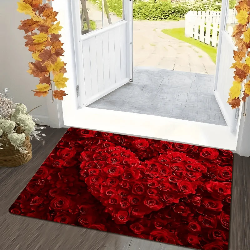 VIKAMA Vibrant Rose Carpet Heart Love Valentine Rug Non-Slip Doormat Welcome Mat Bedroom Living Room Carpet Home Decor