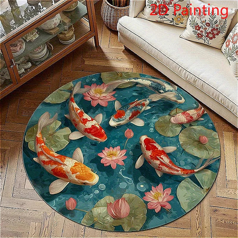 Koi Fish Pattern Round Fluffy Non-Slip Area Rug