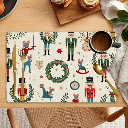 VIKAMA 4PCS Nutcracker Christmas Placemat Cartoon Mouse Wreath Clock Print Table Mat Decoration