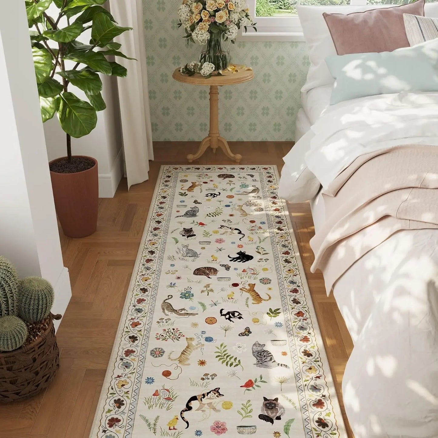 Vintage Cat Floral Runner Rug