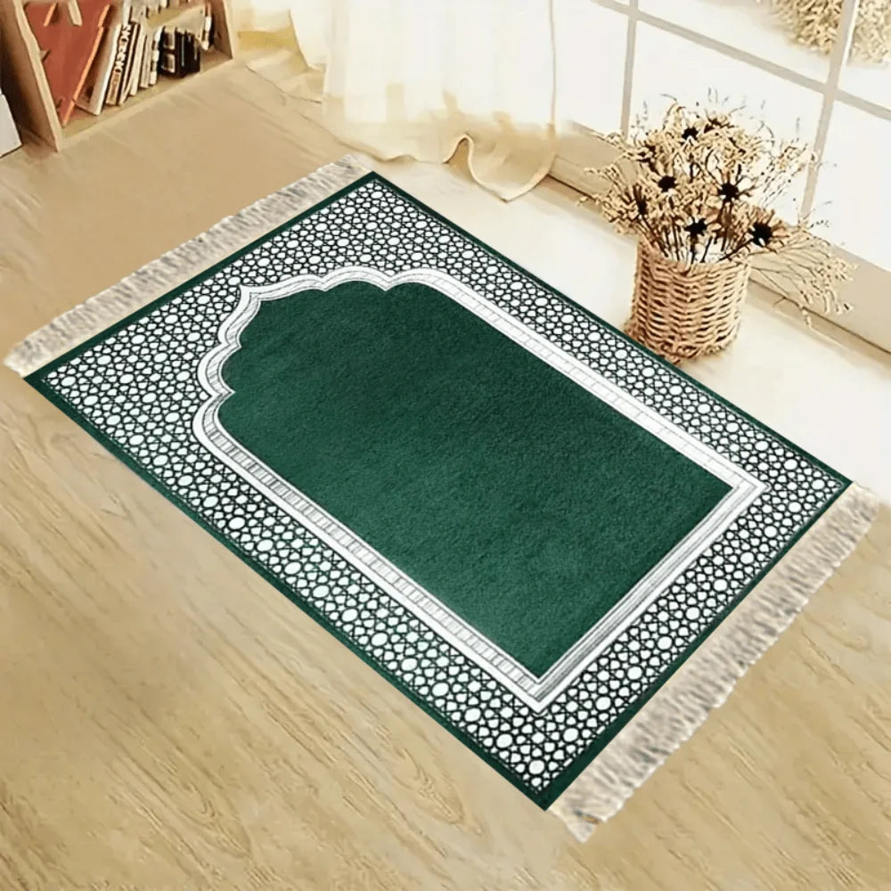 VIKAMA Dark Green Patterned Prayer Mat Soft Fringed Portable Non-Slip Indoor Outdoor Prayer Rug