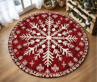 VIKAMA Festive Snowflake Christmas Tree Round Rug