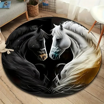Horse Print Round Area Rug Non-Slip Machine Washable Carpet Bedroom Living Room Laundry Room Home Decor