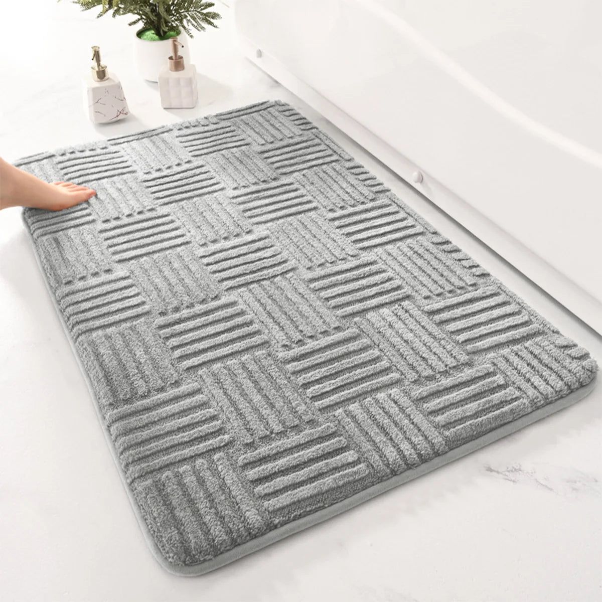 Thickened Striped Cotton Velvet Bathroom Floor Mat Solid Color Non-Slip Absorbent Bedroom Entrance Carpet