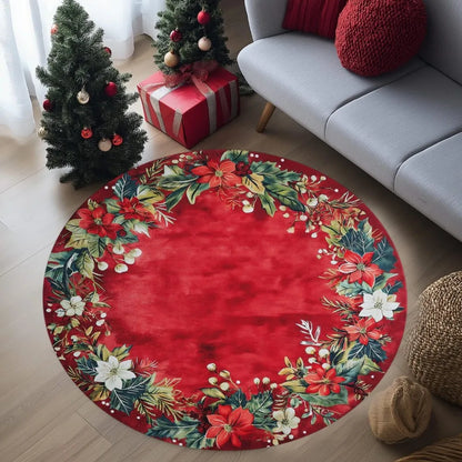 VIKAMA Christmas Poinsettia Round Non-Slip Area Rug