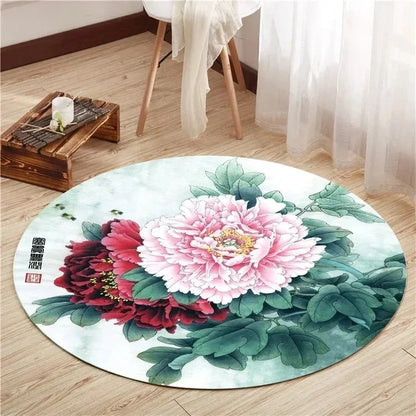VIKAMA Lotus Peony Round Non-Slip Area Rug