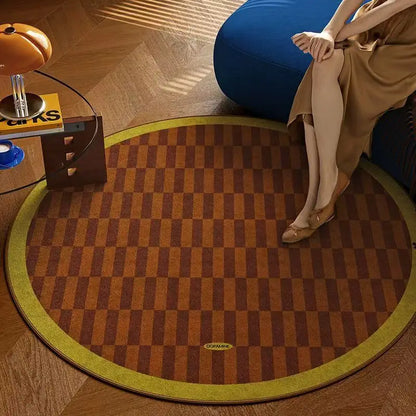 Round Geometric Checkerboard Rug Blue Green Brown Striped Pattern Soft Non-Slip Carpet Living Room Home Decor