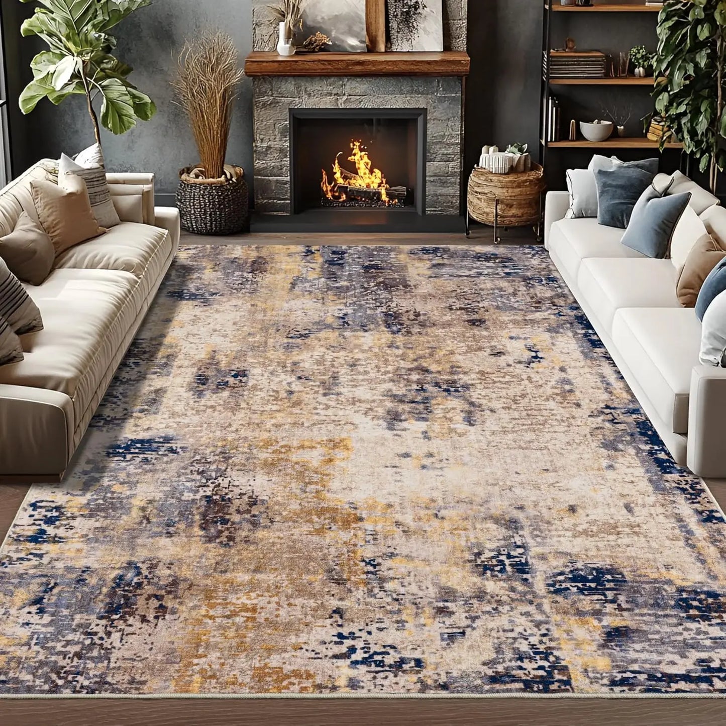 VIKAMA Modern Living Room Carpet Blue And White Gradient Texture Short Pile Anti Slip Easy To Clean Living Room Bedroom Carpet