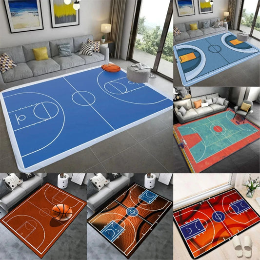 Basketball Court Design Rug Blue Orange Red Non-Slip Carpet Sports Theme Floor Mat Living Room Bedroom Home Decor