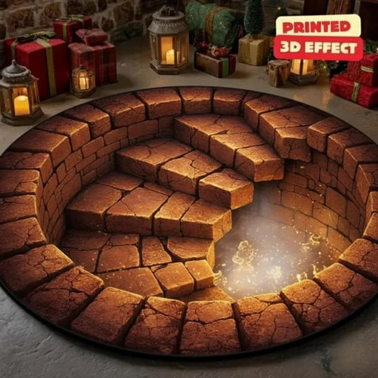 Golden Glow 3D Illusion Christmas Rug Pit Hole Carpet Cozy Holiday Decor Non-Slip Floor Mat Xmas Gift Home Decoration
