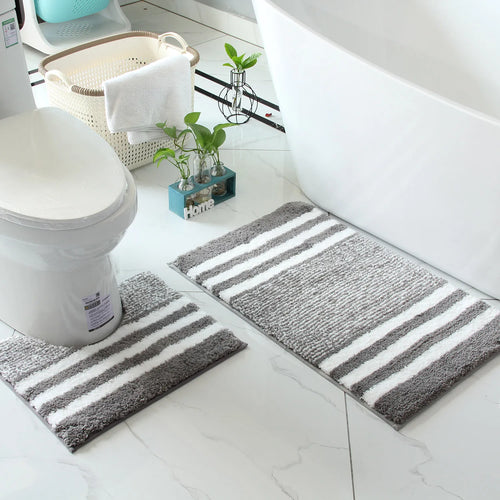 2-Piece Striped Microfiber Bathroom Mat Set Waterproof Non-Slip Quick-Dry TPR Backing Machine Washable Carpet