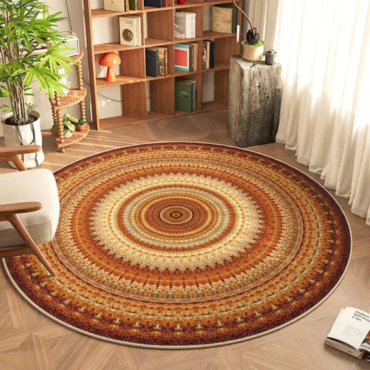 Bohemian Round Mandala Rug Colorful Ethnic Pattern Orange Brown Beige Area Carpet Home Decor