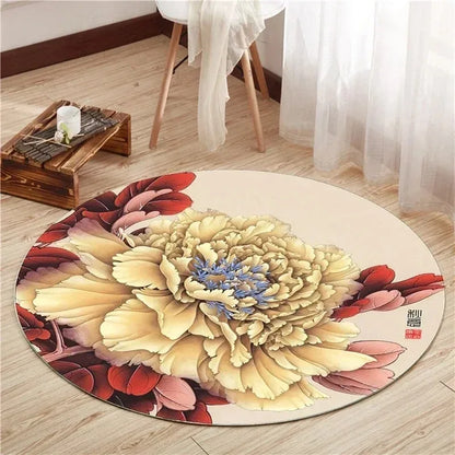 VIKAMA Lotus Peony Round Non-Slip Area Rug