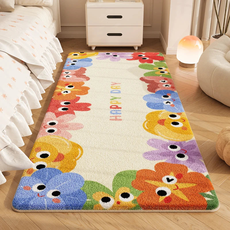 Cartoon Plush Bedside Floor Mat Soft Washable Kids Bedroom Rectangle Carpet