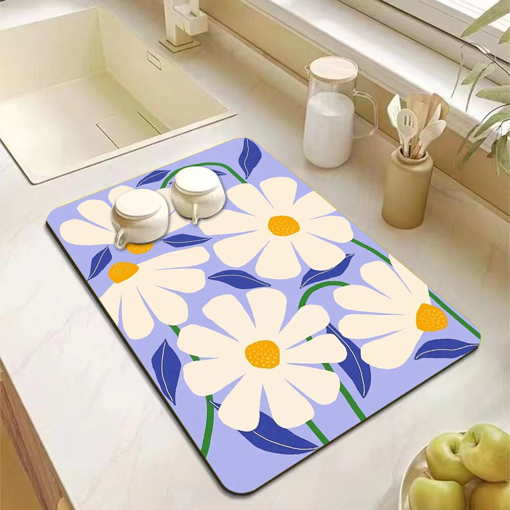 Abstract floral absorbent kitchen drying mat