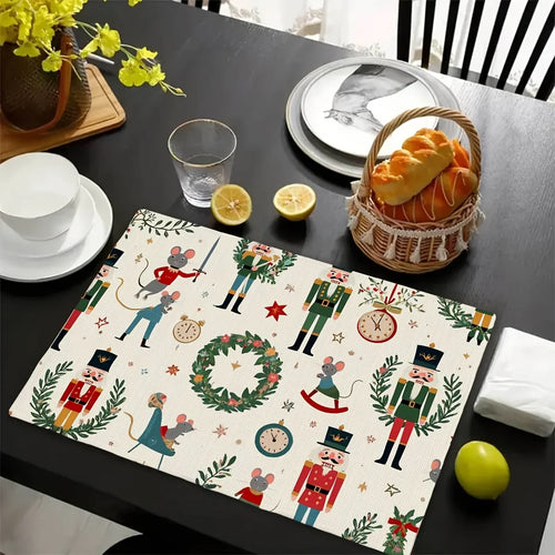VIKAMA 4PCS Nutcracker Christmas Placemat Cartoon Mouse Wreath Clock Print Table Mat Decoration