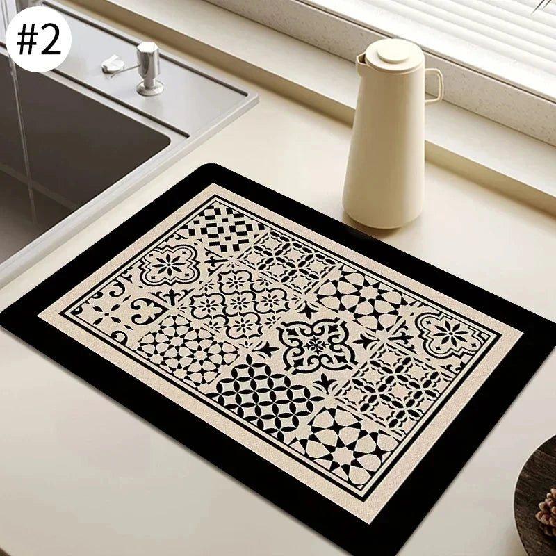 VIKAMA Black Marble Dish Drying Mat Super Absorbent Non-Slip Kitchen Counter Rug Bottle Kettle Dinnerware Bar Mat Home Decor