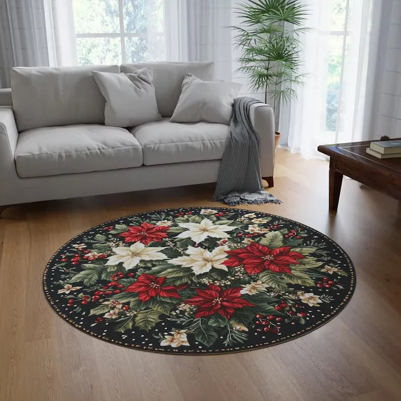 VIKAMA Festive Snowflake Christmas Tree Round Rug