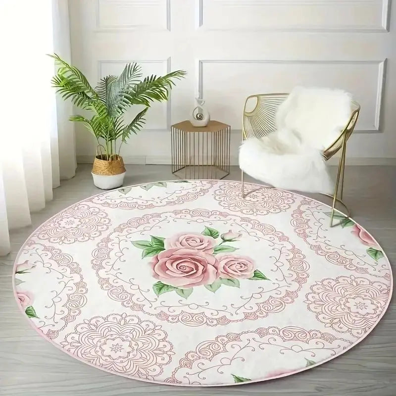 VIKAMA Pink Round Floral Rug Bedside Bedroom Guest Room Floor Cushion Luxury Home Decor