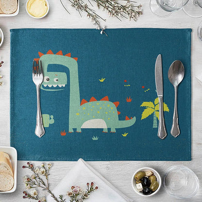 Cartoon Green Dinosaur Cotton Linen Kids Placemat Set
