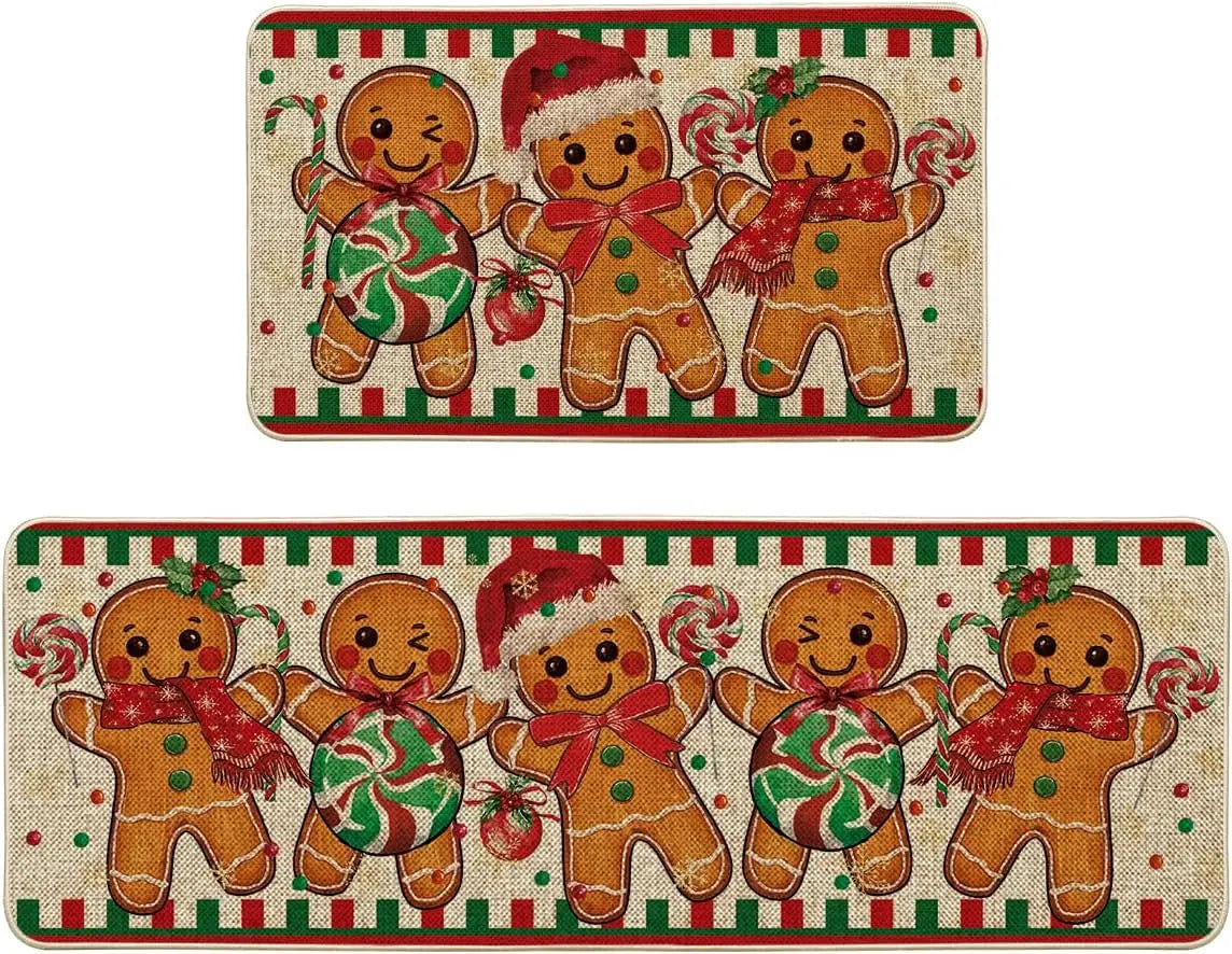 VIKAMA Christmas Gingerbread Man Floor Mat Crystal Velvet Non-Slip Kitchen Entry Door Rug Easy Care Home Decor
