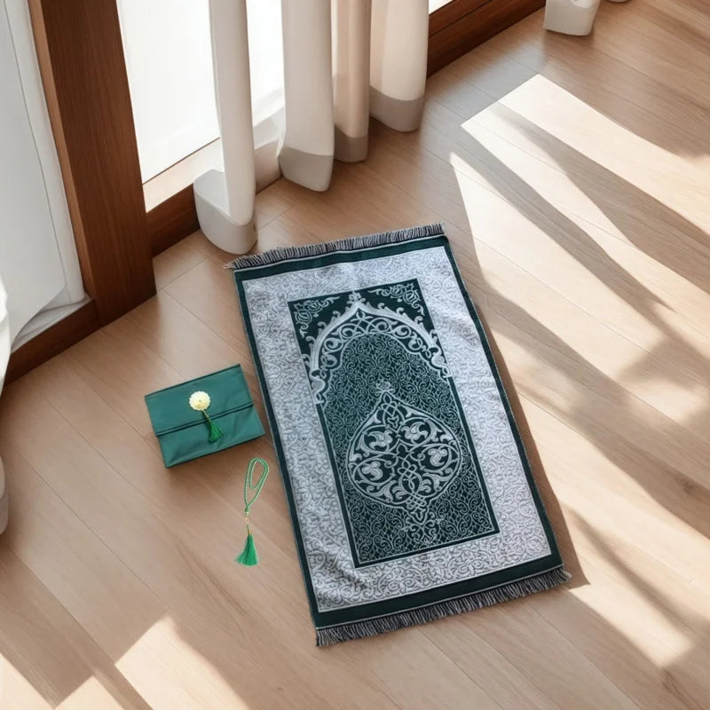 Muslim prayer rug set with beads and bag